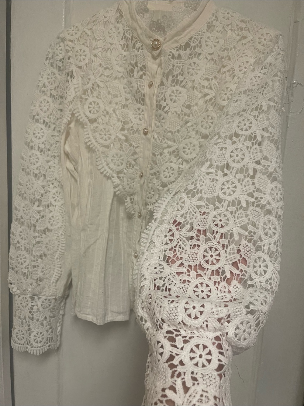 Women's Ivory Lace Crochet Button-Front Top - Picture 5 of 6